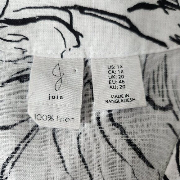 Joie Blouse Women's 1X Linen V Neck Short Sleeve Floral Print Top Black White - Picture 11 of 12